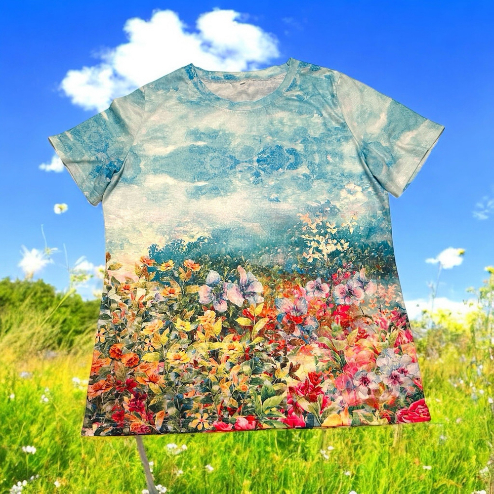 Cottage Core Floral Tee Shirt Blouse Top Womens M Multicolor Field Of Flowers